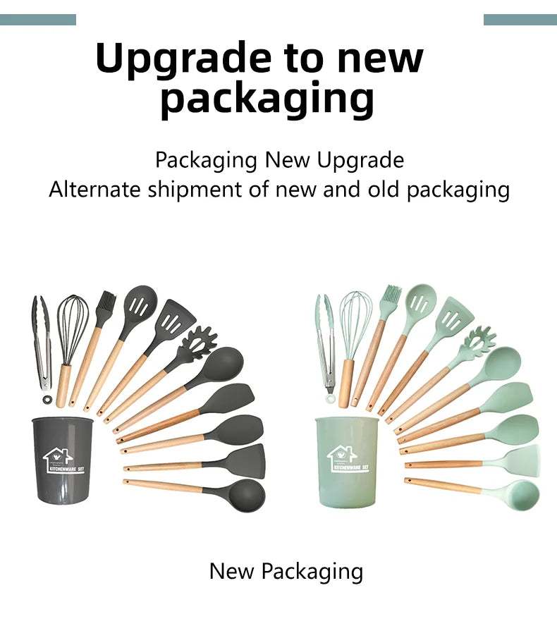 12-piece Set Wooden Handle Silicone Kitchen Utensils Silicone Kitchen Utensils Non-stick Pan Cooking Spatula Baking Storage Tool