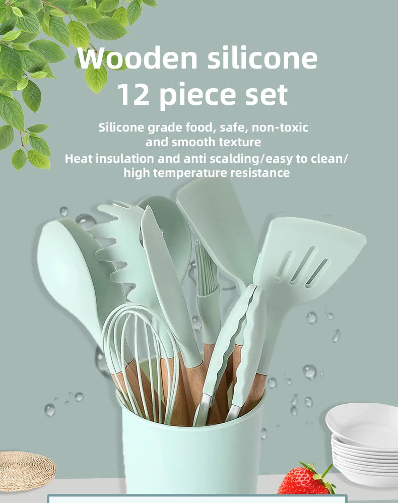 12-piece Set Wooden Handle Silicone Kitchen Utensils Silicone Kitchen Utensils Non-stick Pan Cooking Spatula Baking Storage Tool