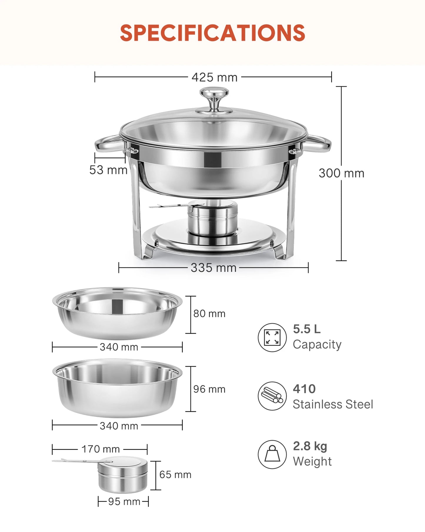 Wilprep 4/6/8PCS 5/6QT Chafing Dish Buffet Set Stainless Steel Food Warmer for Parties