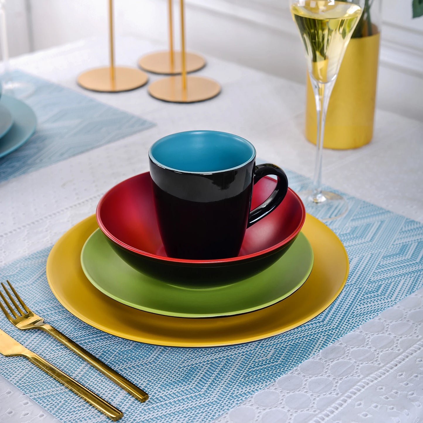 vancasso 16/32/48-Piece Matte Multicolor Stonware Crockery Dinnerware Set with 4pcs Dinner Plate,Dessert Plate,Bowl,Mug Set