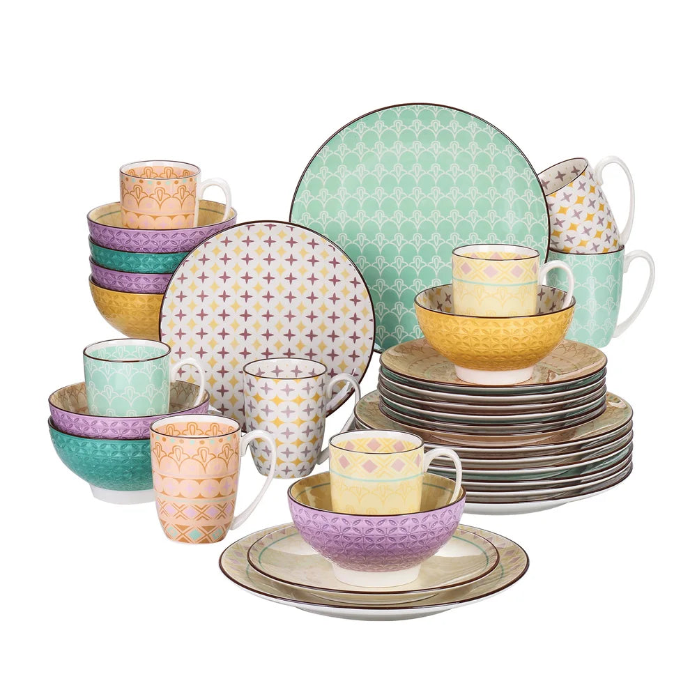 vancasso 16/32-Piece 4-Color 4-Design Porcelain Dinnerware Set Plate Set with 4PCS Dinner Plate,Dessert Plate,Bowl,Mug Set