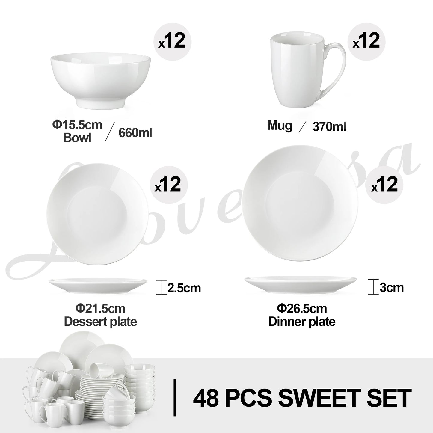 LOVECASA 16/32 Piece White Ceramic Porcelain Dinnerware Tableware Dinner Set with 4PCS Dinner Plate,Dessert Plate,Bowl,Mug Set