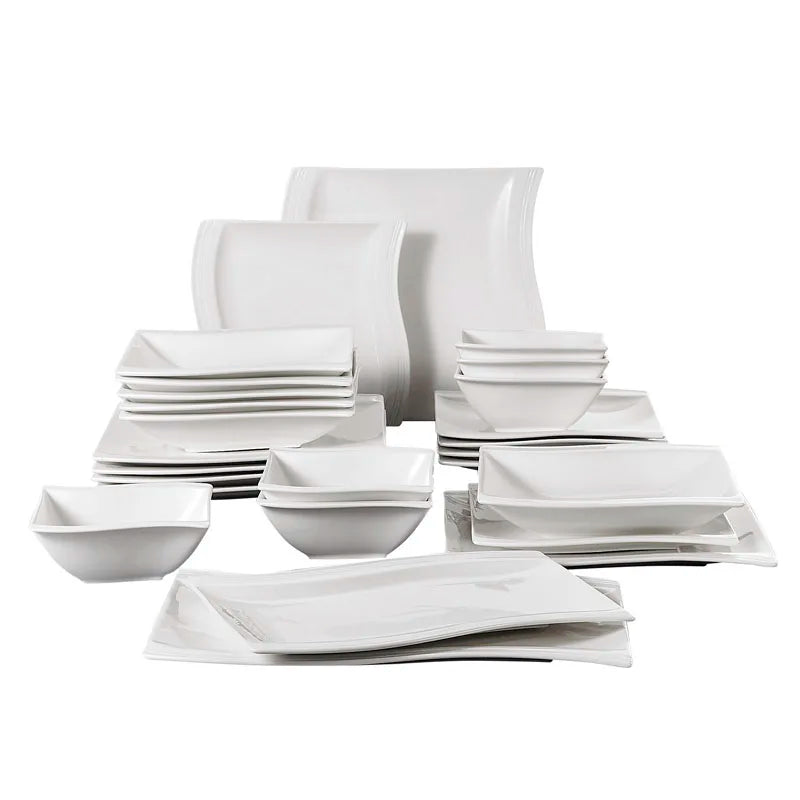 MALACASA 26-Piece Ceramic Porcelain Dinner Set with Bowls Dessert Soup Dinner Plates Rectangular Plates Set Service for 6 Person