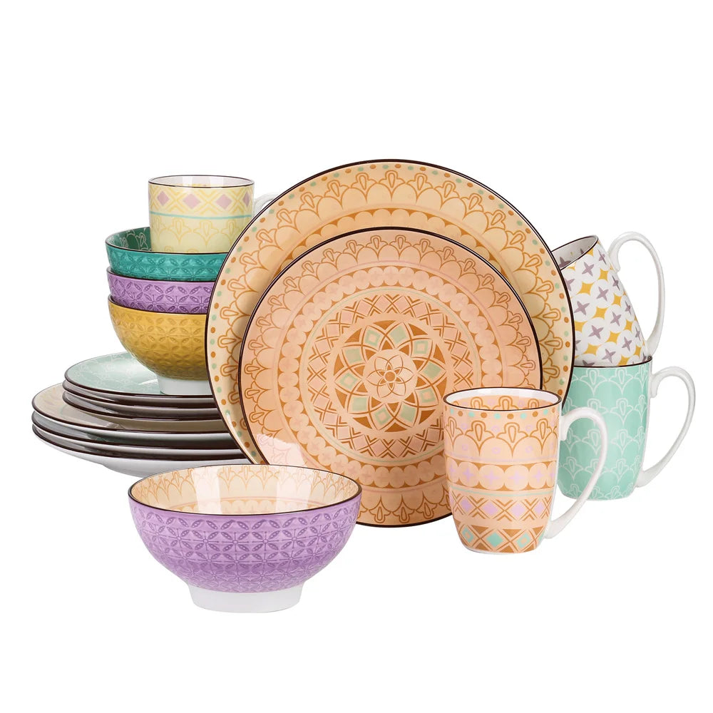 vancasso 16/32-Piece 4-Color 4-Design Porcelain Dinnerware Set Plate Set with 4PCS Dinner Plate,Dessert Plate,Bowl,Mug Set