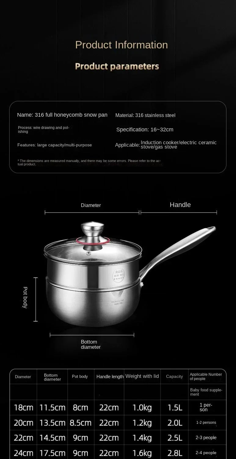Versatile 316 Stainless Steel Pot for Home Cooking and Baby Food, Designed for Steaming, Boiling, Frying and Stir-Frying