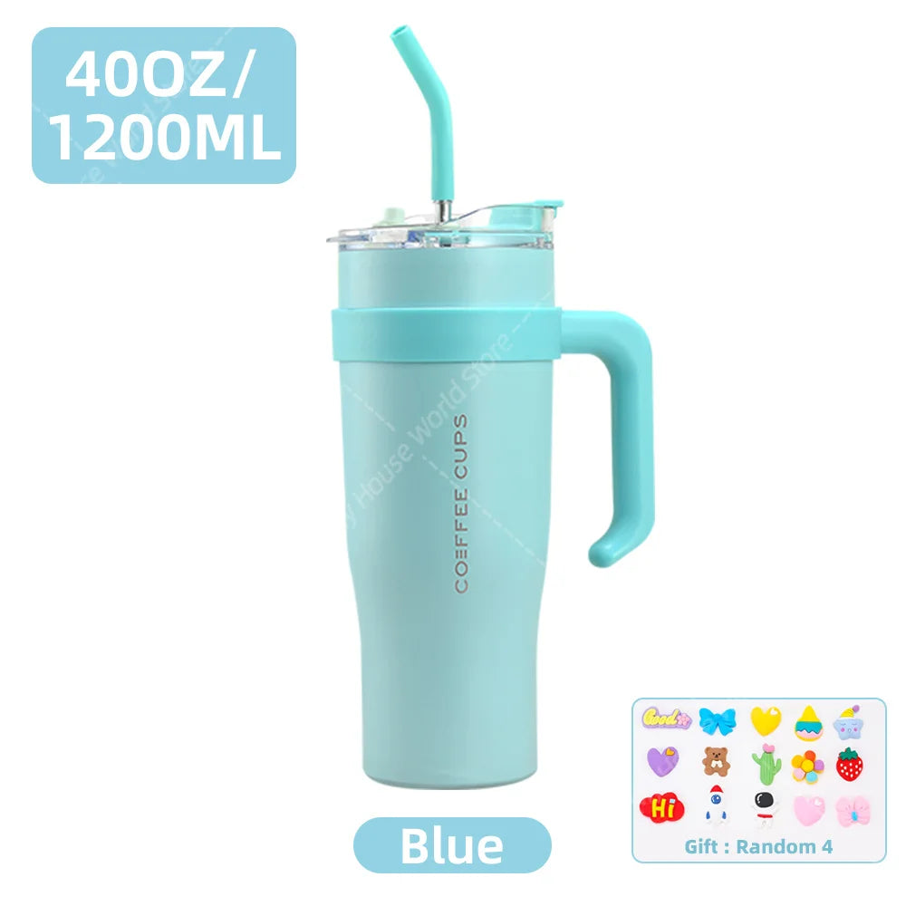 40oz Stainless Steel Thermos Bottle with Handle Straw Gradient Large-Capacity Coffee Cup Insulated Tumbler Bottle Thermal Mug