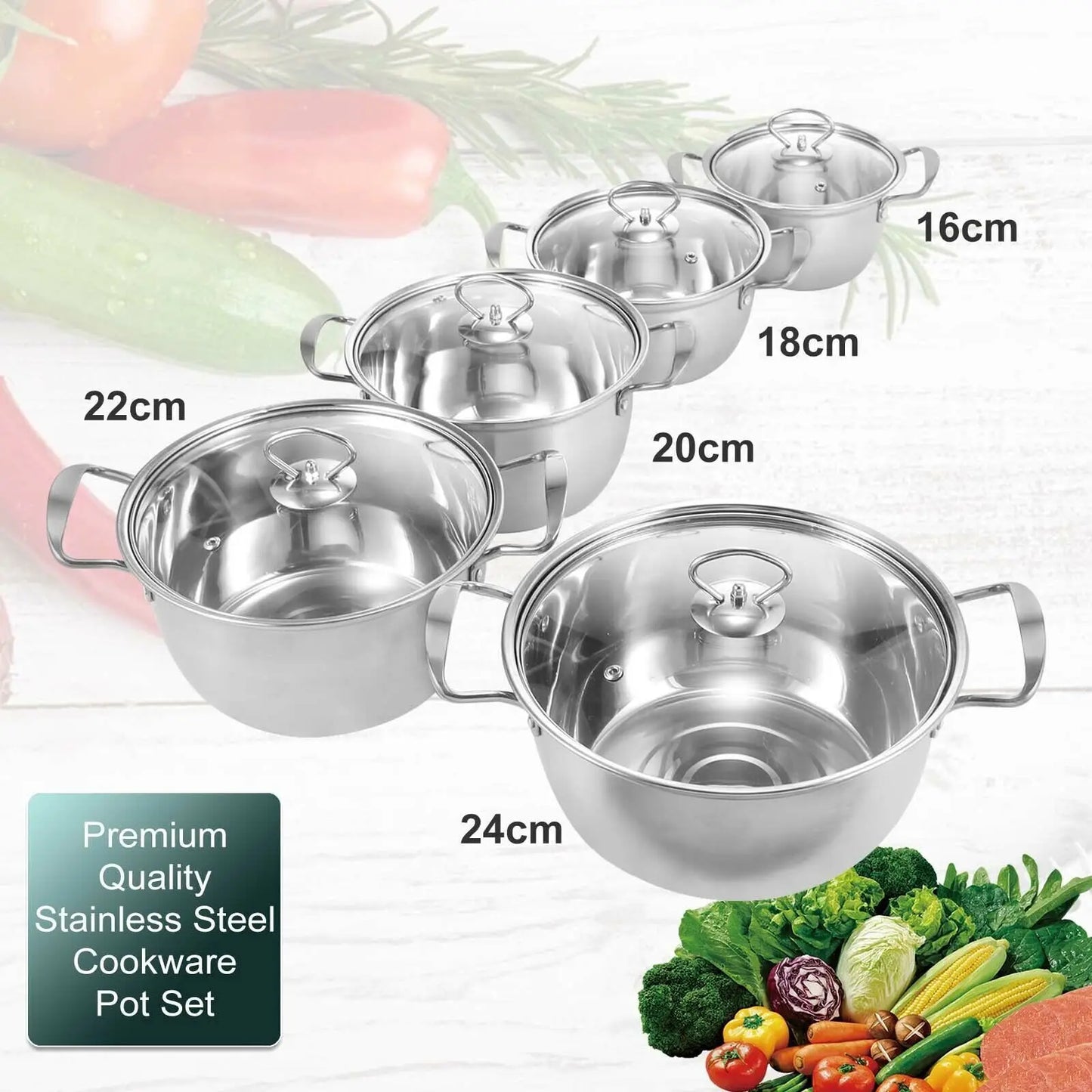 5Pc/Set Stainless Steel Cookware Casserole Stockpot Pans with Glass Lids 5 Sizes