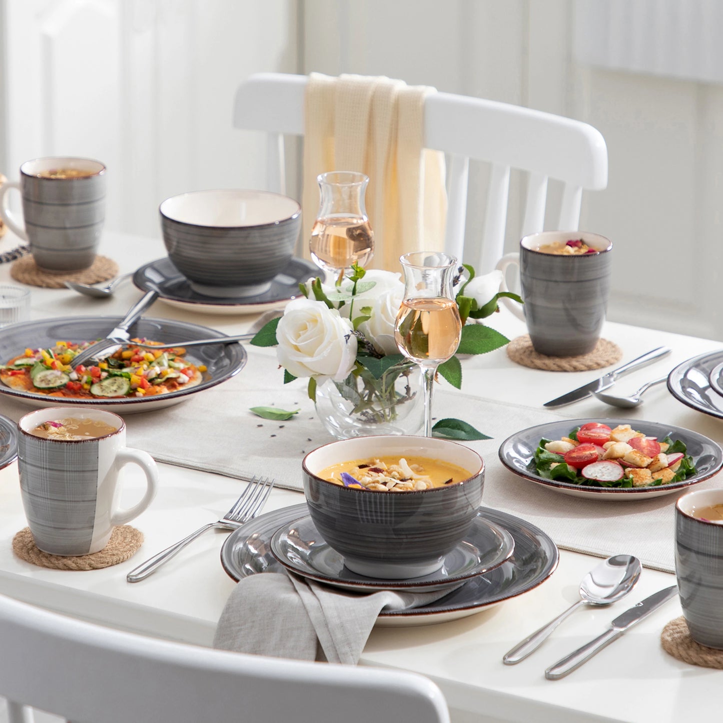 vancasso 16/32/48-Pieces Porcelain Dinner Set Grey Vintage Ceramic Tableware Set with Dinner Plate,Dessert Plate,Bowl,Mug