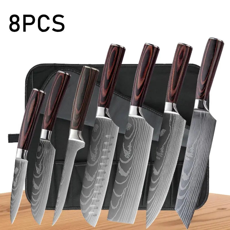 WXCOO Chef Knife Japanese Kitchen Knives Set Professional Laser Damascus Pattern Stainless Steel Meat Cleaver Slicer Knife