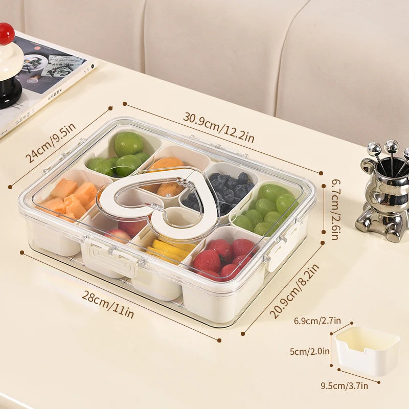 Divided Rotating Serving Tray with Lid & Handle Portable Snackle Box for Fruits Snacks Veggie Charcuterie Clear Snack Organizer