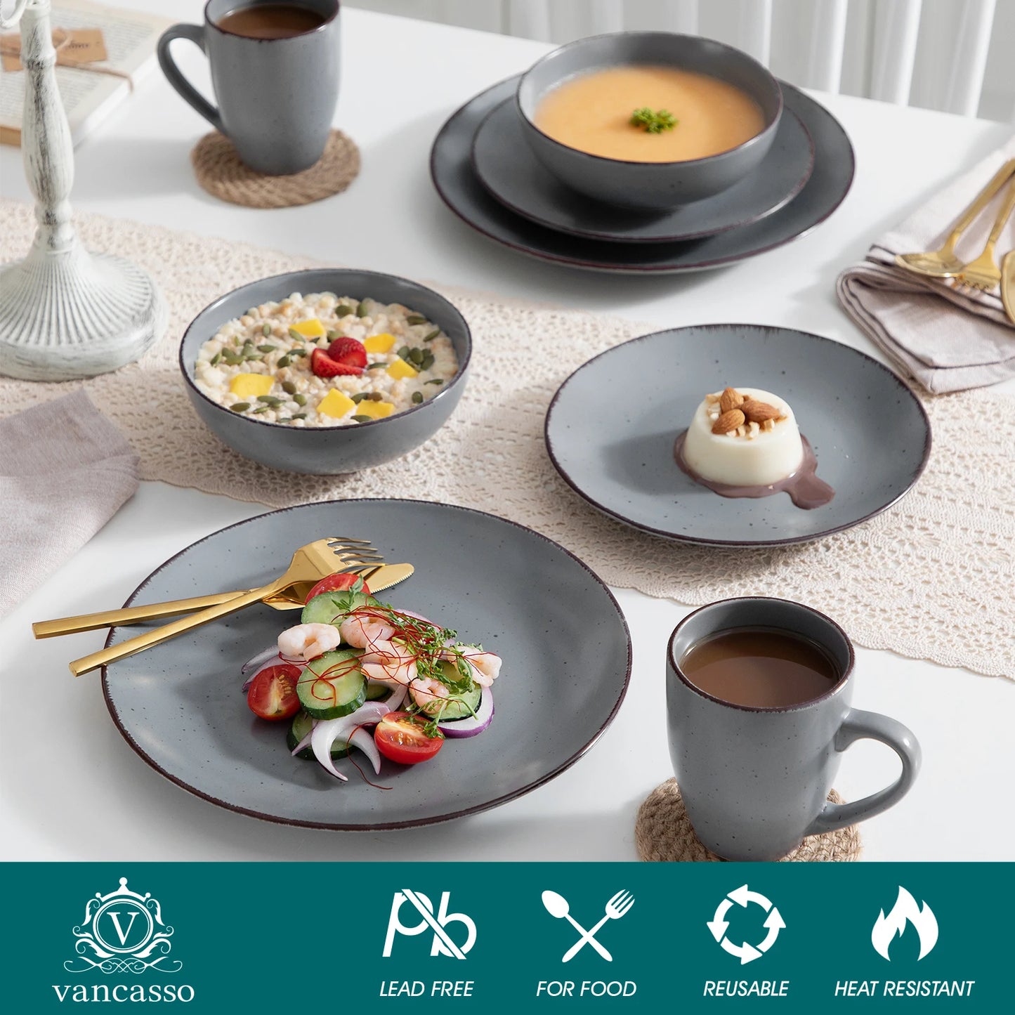 VANCASSO MODA Series 16/32/48 Piece Pottery Dinner Set Grey Stoneware Tableware Set with Dinner Plate,Dessert Plate,Bowls,Cups