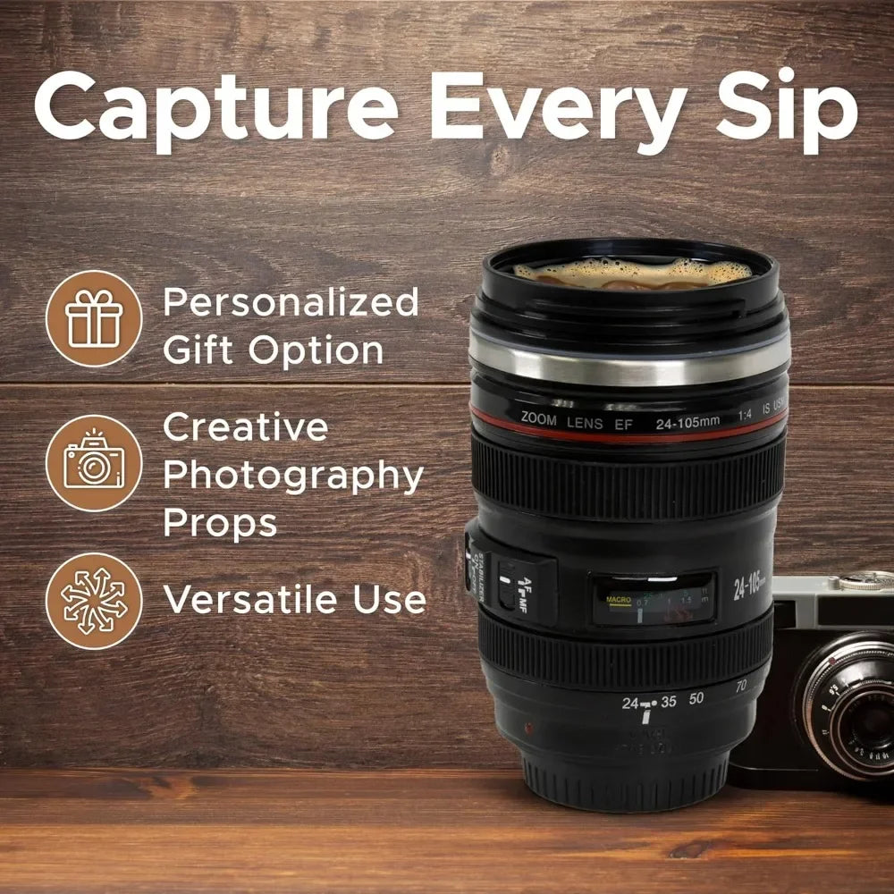 1pc SLR Lens Cup Camera Camera Lens Model Stainless Steel Casual Cup with Lid Coffee Mug White Black Coffee Mugs Creative Gift