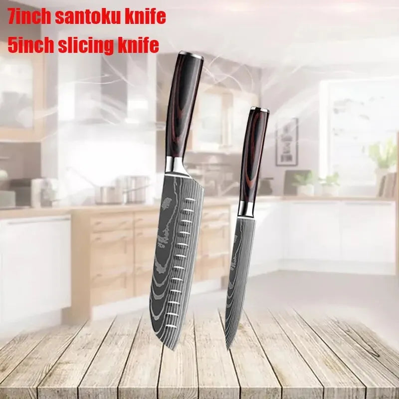 1-6 Pcs Set Kitchen Knives Set Stainless Steel 7CR17 440C Laser Damascus Japanese Santoku Cleaver Slicing Utility Chef Knife