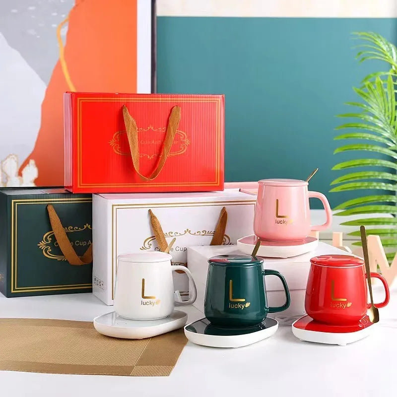 Valentine's Day Gift Set 55 ℃ Thermostat Mugs Cup Ceramic Cup With Lid With Spoon Coffee Mug For Office Or Home Use Portable Mea