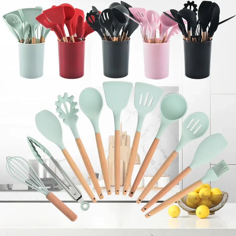 12-piece Set Wooden Handle Silicone Kitchen Utensils Silicone Kitchen Utensils Non-stick Pan Cooking Spatula Baking Storage Tool
