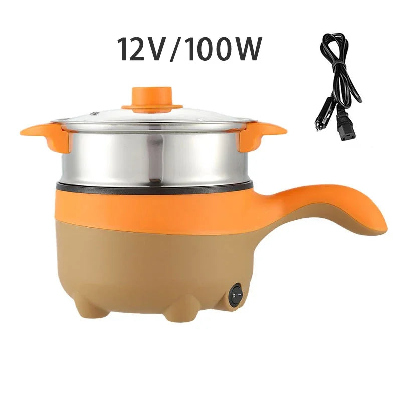 Mini 2L 12/24V Car Truck Non-stick Multifunction Electric Cooking Skillet with Streamer for Soup Fry Stew Cook Hot Pot 180W