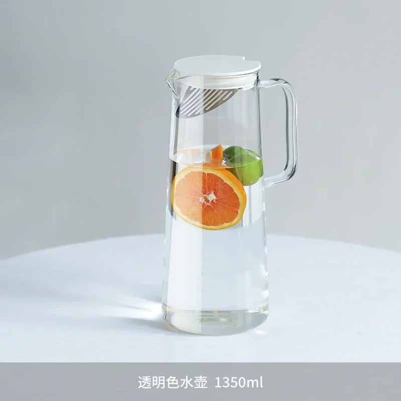 1.8L Glass Pot Pitcher with Lid Easy Clean Heat Resistant Glass Water Jug Refrigerator Carafe with Handle for Hot/Cold Beverages