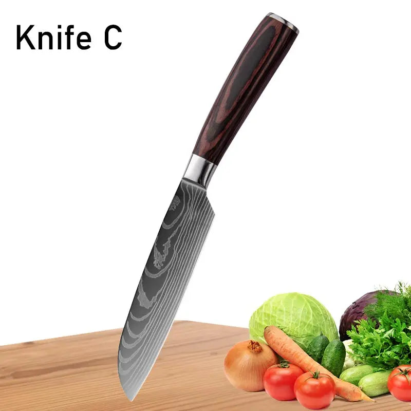 WXCOO Chef Knife Japanese Kitchen Knives Set Professional Laser Damascus Pattern Stainless Steel Meat Cleaver Slicer Knife