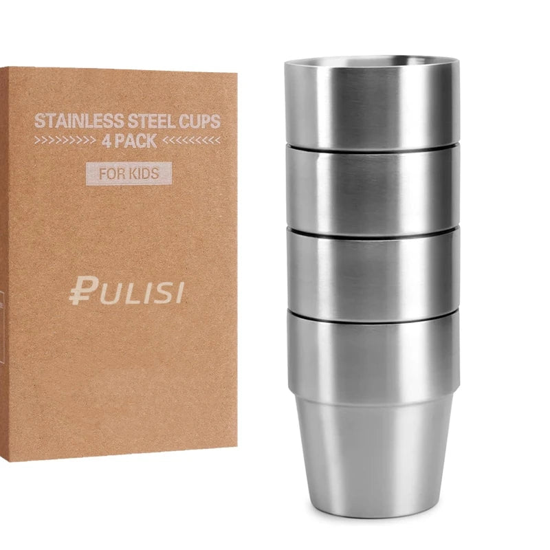 304 Stainless Steel Metal Drinking Mugs 4 PCS Coffee Cups Double Wall Stackable Reusable Outdoor Camping Cup Set Home Drink-ware