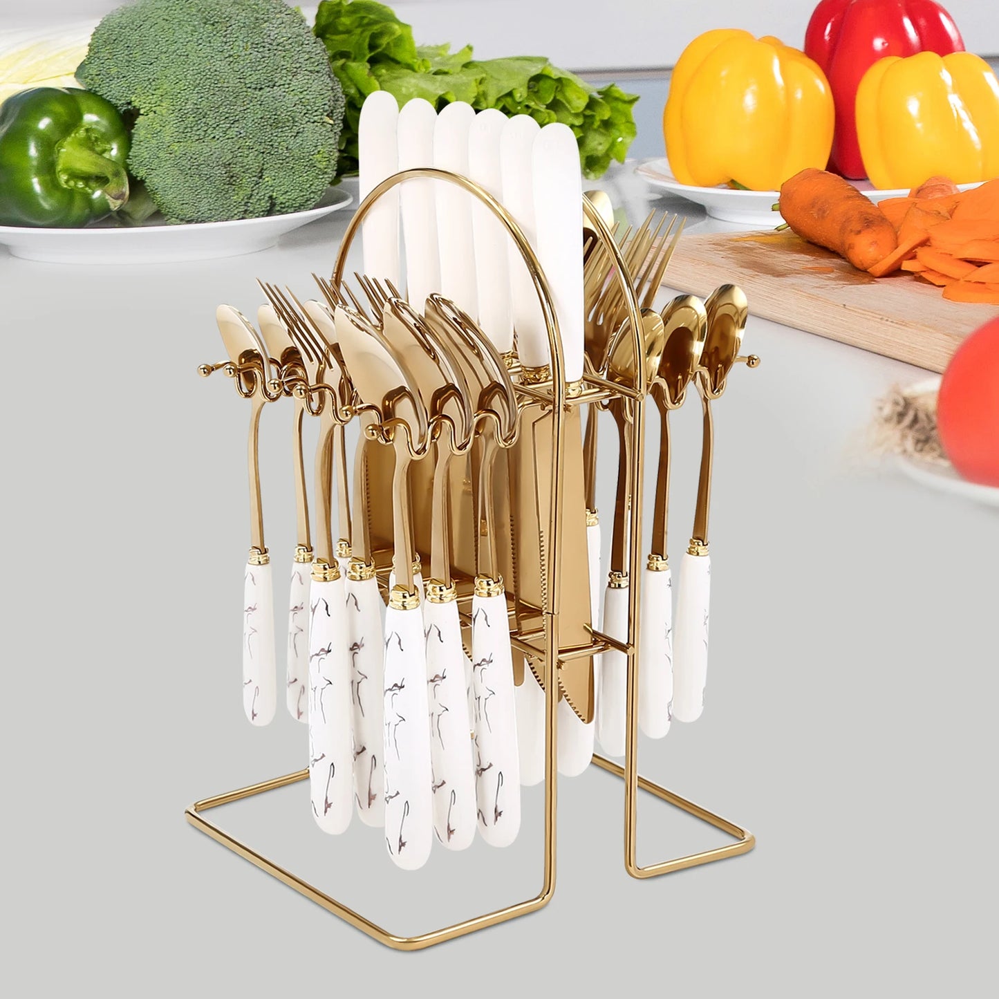 Stainless steel western tableware marble ceramic handle steak knife fork spoon tea spoon 24-piece storage rack set