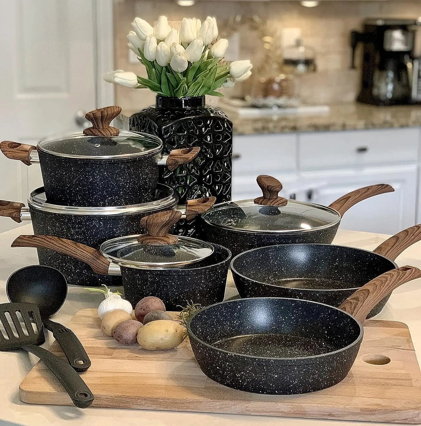 Induction Cookware Sets - 12 Piece Cooking Pan Set, Gray Granite Nonstick Pots and Pans , Induction Hob Pans