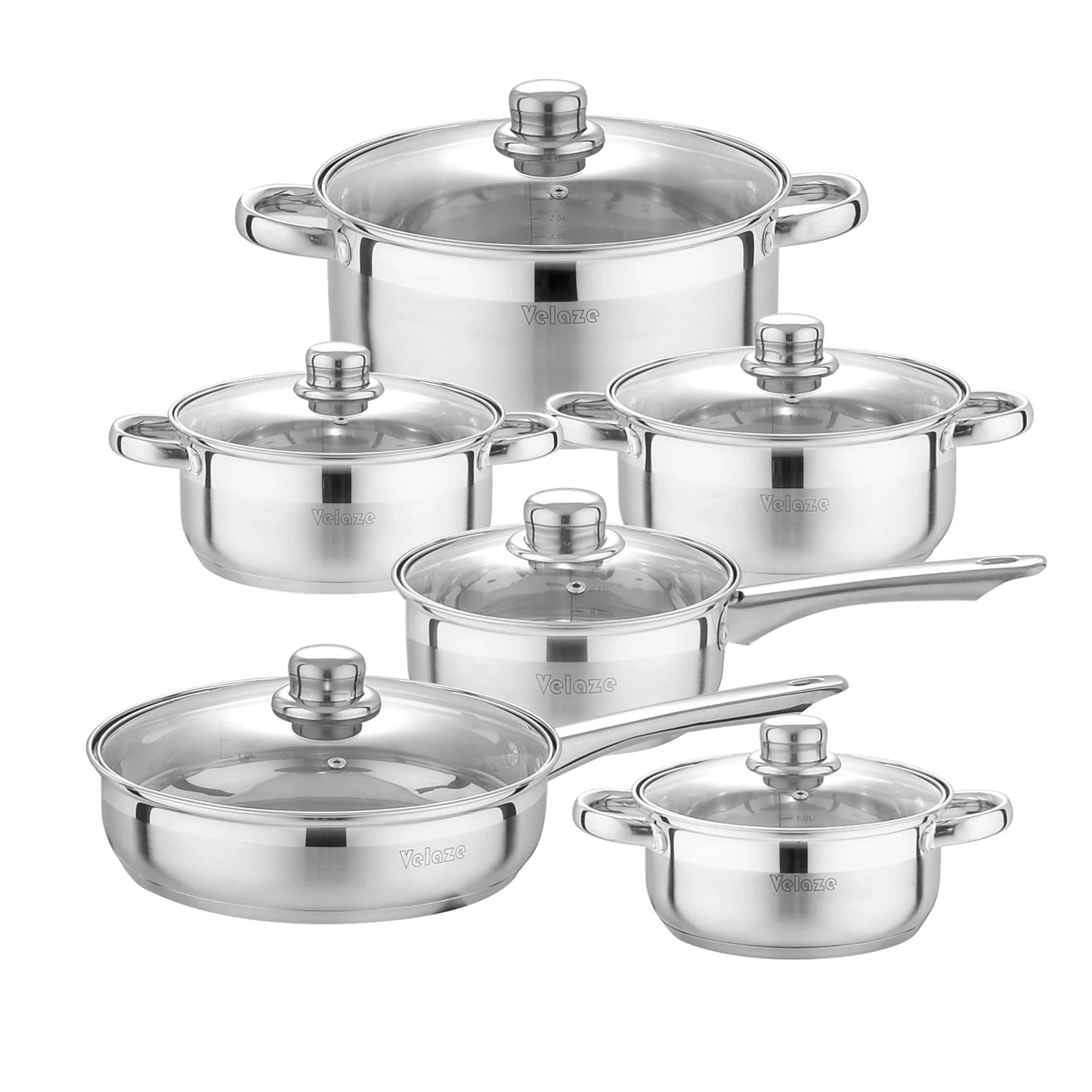 Velaze Kitchen Cookware Set 12 PCS Set Stainless Steel Cooking Pot&Pan Sets, Induction Safe, Saucepan, Casserole,with Glass lid