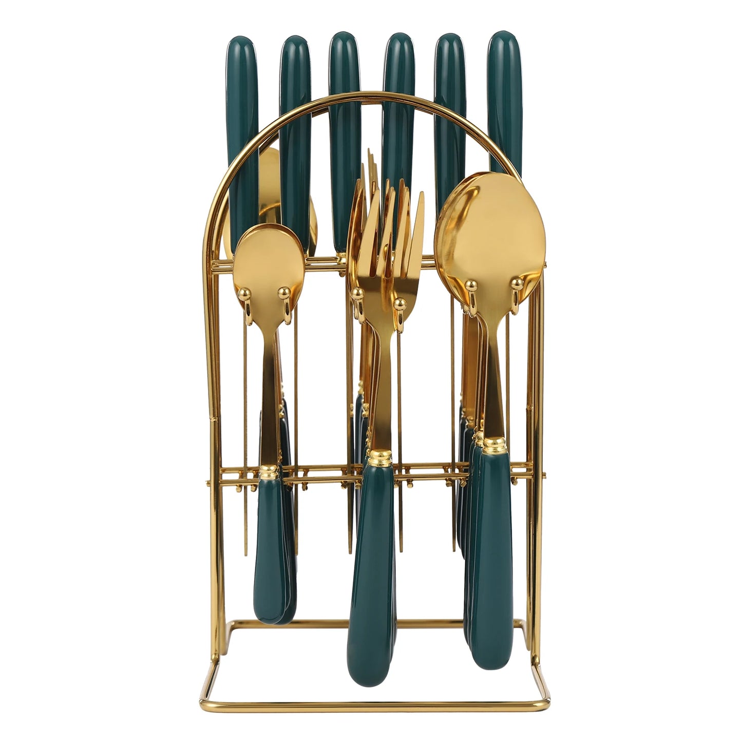 Stainless Steel Cutlery Set with Stand, Dark Green Handle, 24 PCS Cutlery Set for Kitchens