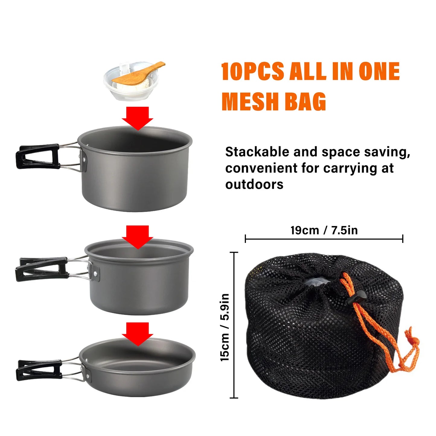 Camping Cookware Set Pot Frying Pan Non-stick Lightweight Stackable Storage Bag Suitable for 2-3 Person Outdoor Utensils