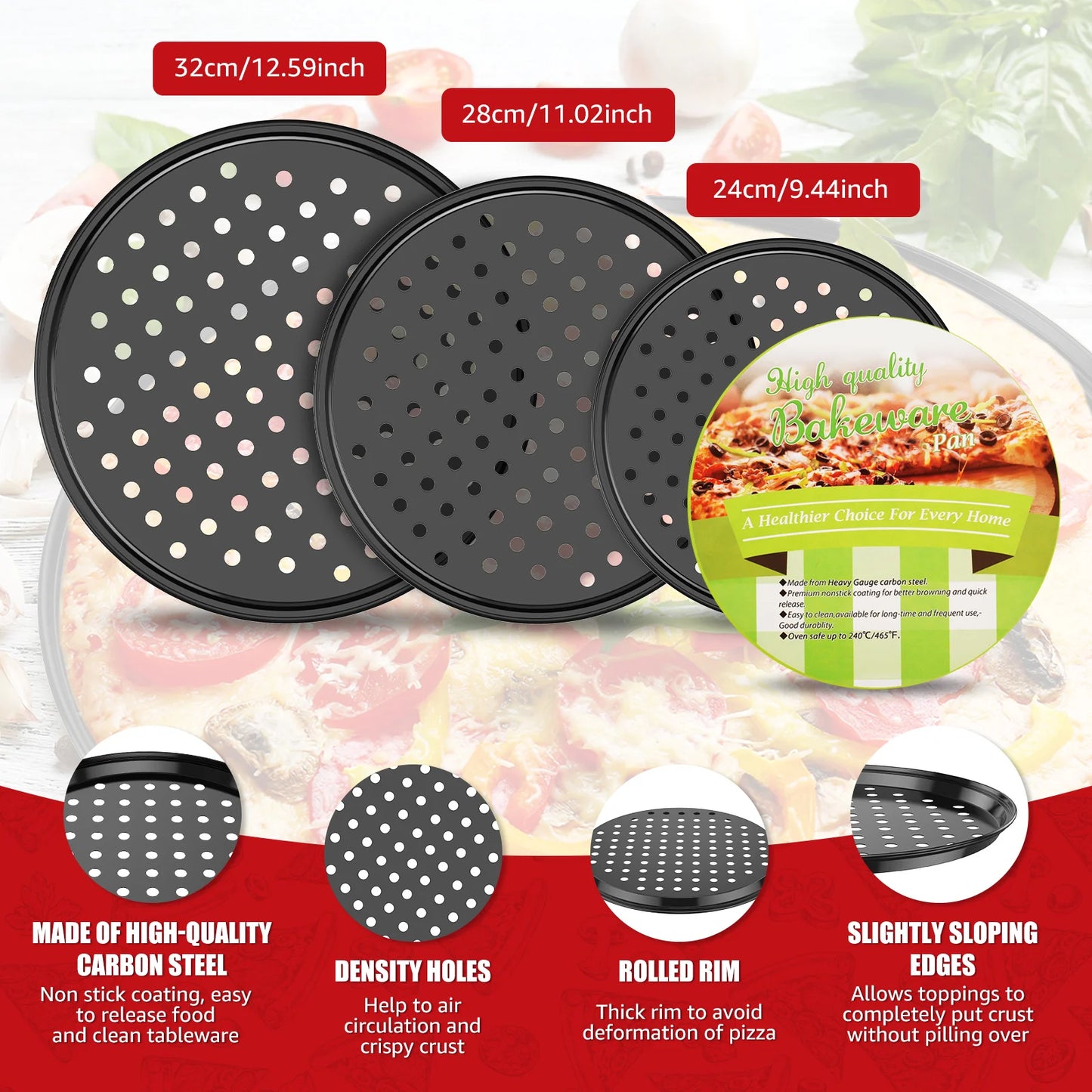 3Pcs / 4Pcs Pizza Pan with Perforated Holes Non Stick Pizza Trays 3 Sizes / 4 Sizes Pizza Baking Pan Carbon Steel Pizza Baking