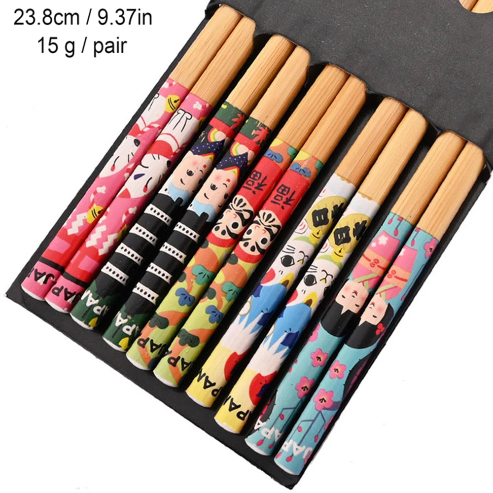 Japanese 5Pairs Bamboo Chopsticks for Sushi Non-Slip Food Sticks Hot Pot Reusable Chinese Chopsticks Tableware Kitchen Tools