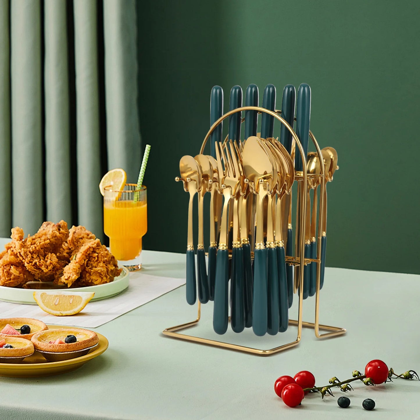 Stainless Steel Cutlery Set with Stand, Dark Green Handle, 24 PCS Cutlery Set for Kitchens