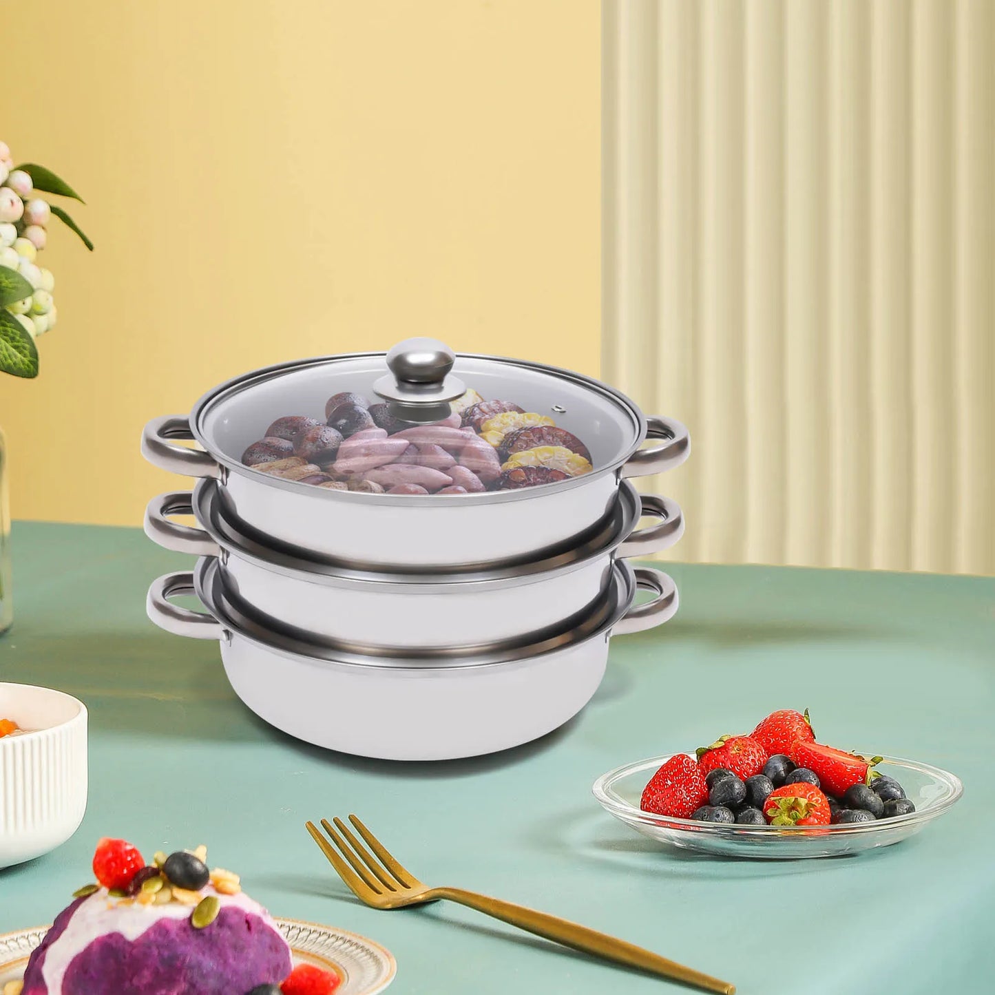 28CM 3-Tier Stainless Steel Steamer Pot Set with Glass Lids for Cooking Vegetables Multi-Purpose Food Preparation Food Cooker