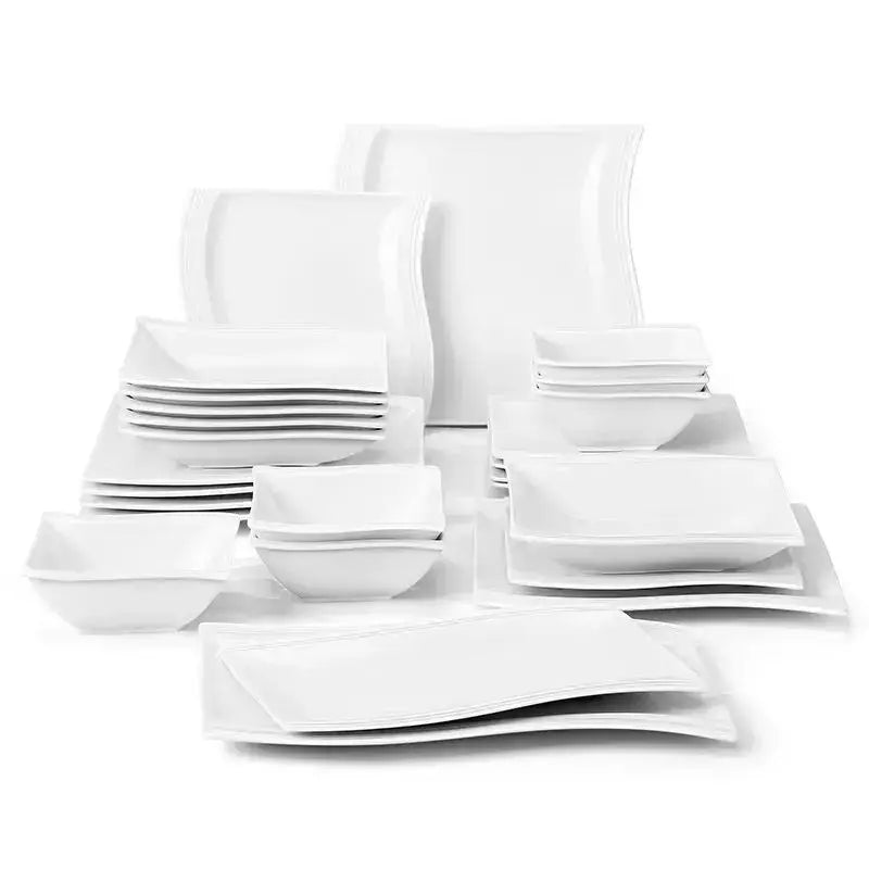 MALACASA 26-Piece Ceramic Porcelain Dinner Set with Bowls Dessert Soup Dinner Plates Rectangular Plates Set Service for 6 Person