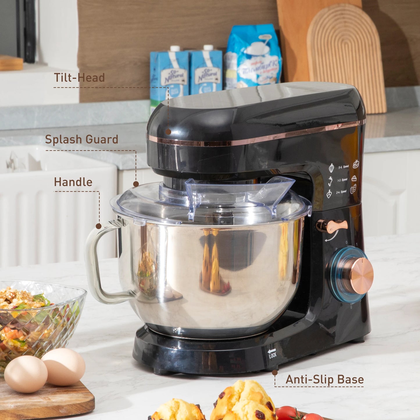 HOMCOM Electric Stand Mixer, 5L Food Mixer with Dough Hook, Whisk