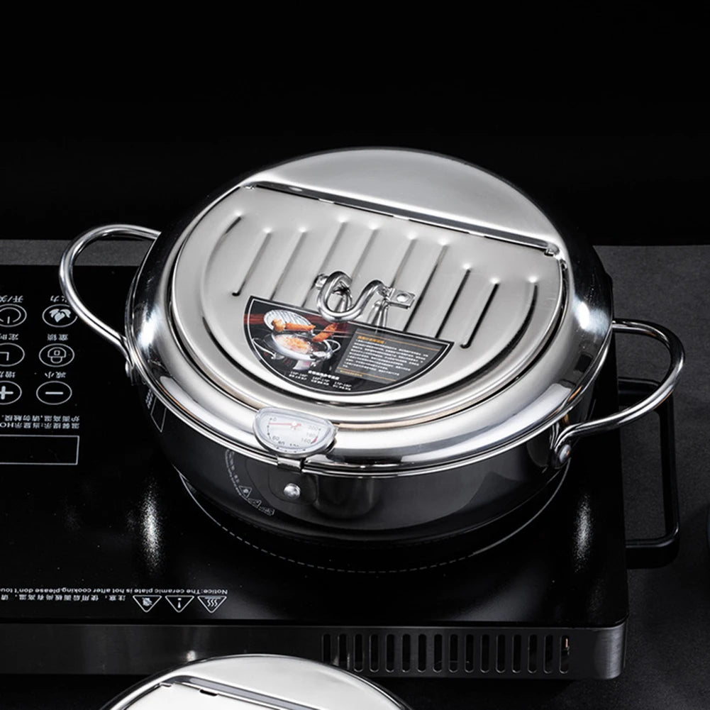 Japanese Style Deep Frying Pot with Thermometer Lid Oil Drip Drainer Rack 304 Stainless Steel Frying Chicken Pot for 2-3 People