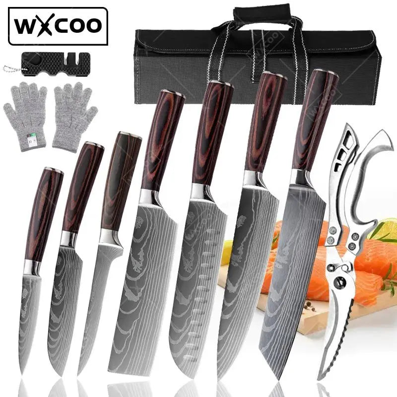 WXCOO Chef Knife Japanese Kitchen Knives Set Professional Laser Damascus Pattern Stainless Steel Meat Cleaver Slicer Knife