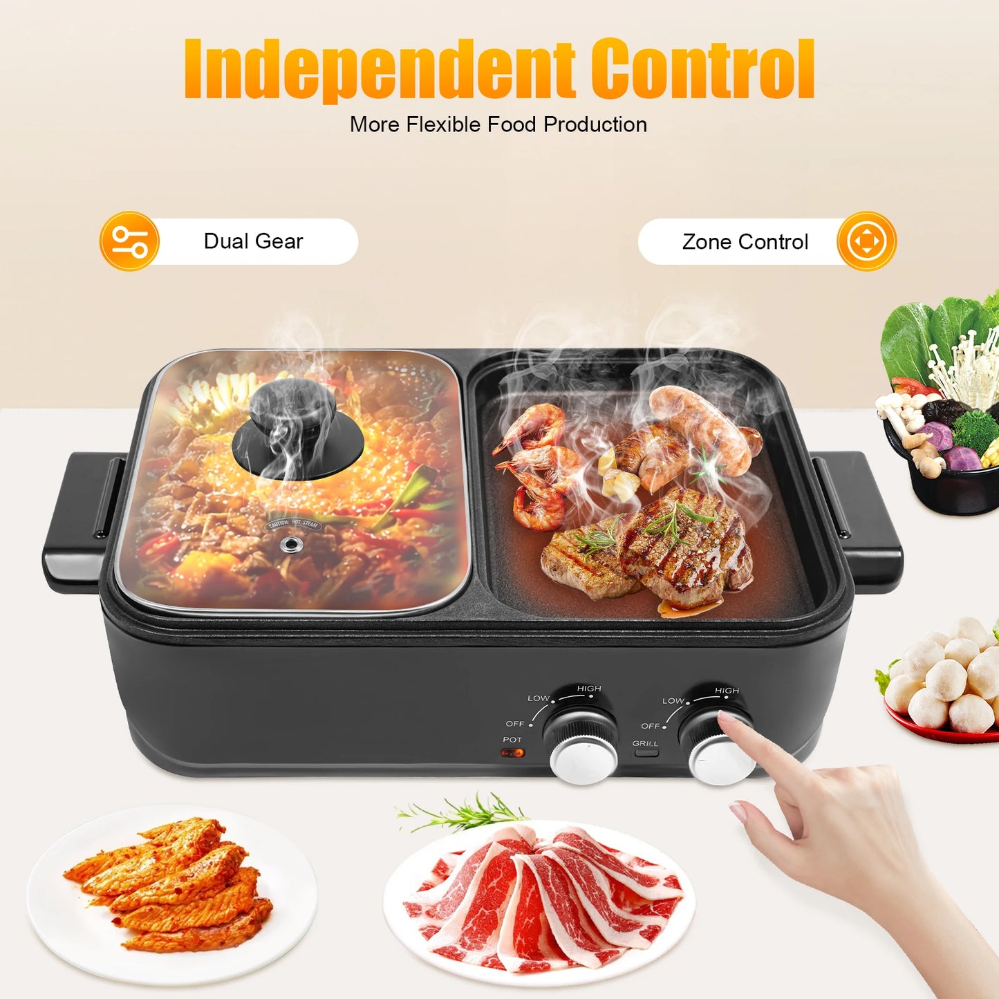 1200-1500W 2-in-1 Electric Hot Pot Grill Nonstick Dual Temperature Control UK Plug Black for Indoor Family BBQ