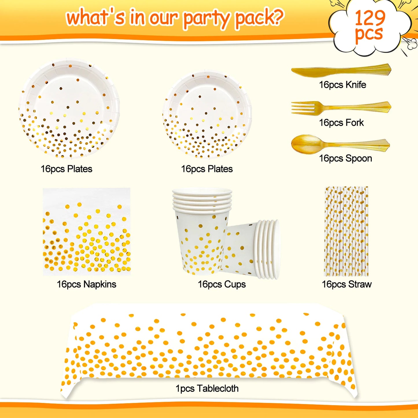 White and Gold Party Supplies, 129 Pcs Gold Paper Plates and Napkins Party Supplies Set - White and Gold Party Paper Plates