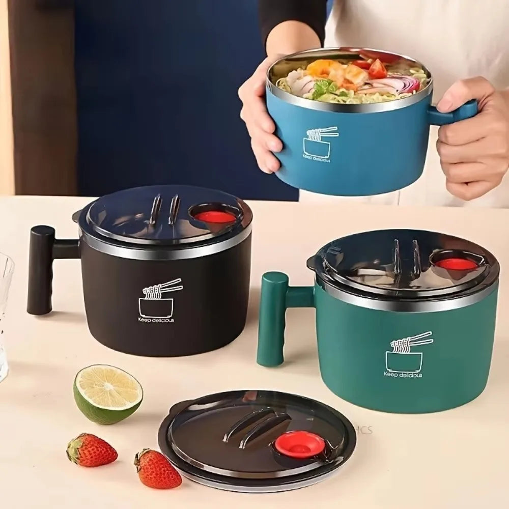 1000 ml Stainless Steel Noodle Bowl with Lid & Handle Ramen Bowl Instant Bowl for Outdoor Activity Picnic Office home