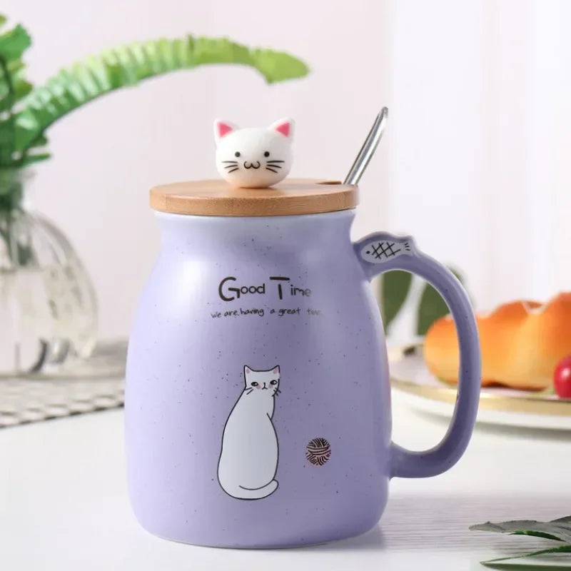 Cute Cartoon Ceramic Cup Japanese Coffee Mug with Wooden Lid and Spoon Iced Yogurt Smoothie Juice Cup Heat-resistant Water Mug
