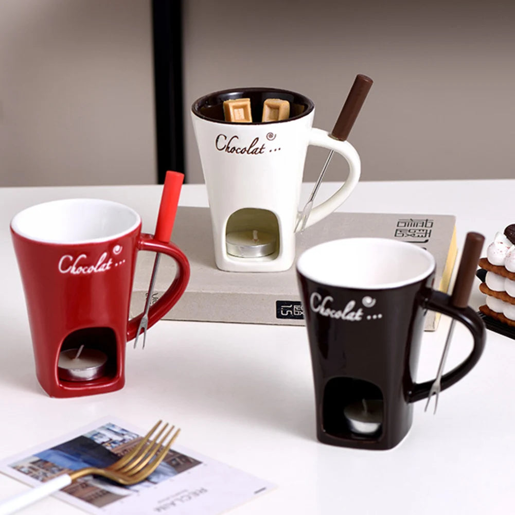 150ml European Candle Cup Cheese Chocolate Melting Ceramic Mug Heating Food Ceramic Mug With Fork Creative Coffee Mug Tableware