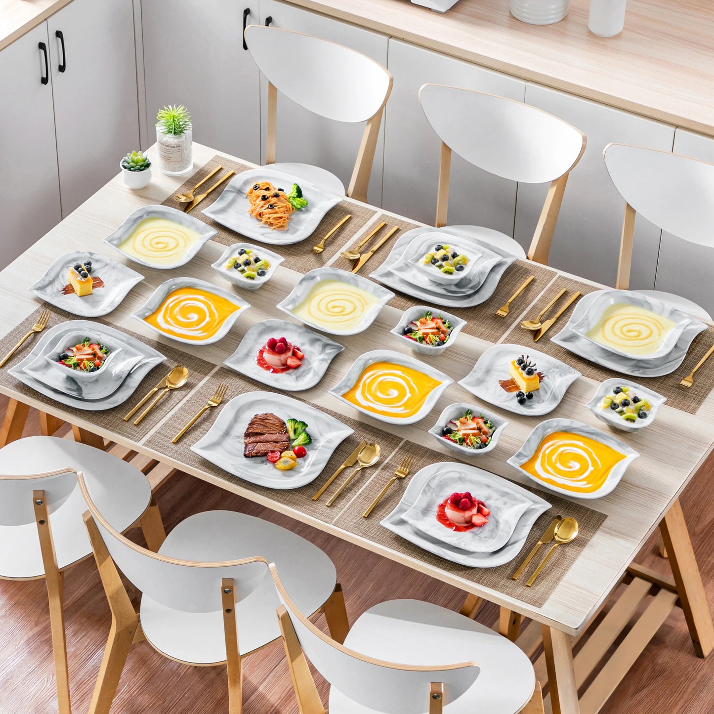 MALACASA 24/48 Piece Marble Grey Porcelain Dinnerware Sets Plates Dinner Sets with 6pcs Dinner Plate/Dessert/Soup Plate/Bowl