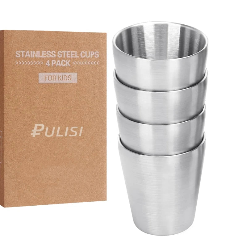 304 Stainless Steel Metal Drinking Mugs 4 PCS Coffee Cups Double Wall Stackable Reusable Outdoor Camping Cup Set Home Drink-ware