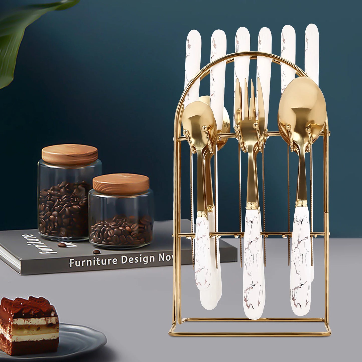 Stainless steel western tableware marble ceramic handle steak knife fork spoon tea spoon 24-piece storage rack set