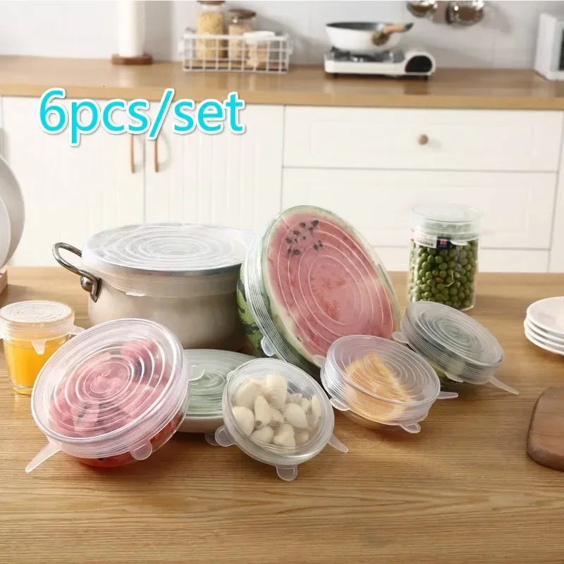 6Pcs/Set Transparent Silicone Kitchen Utensils Fresh-keeping Stretch Universal Bowl Cover Refrigerator Microwave Oven Sealed