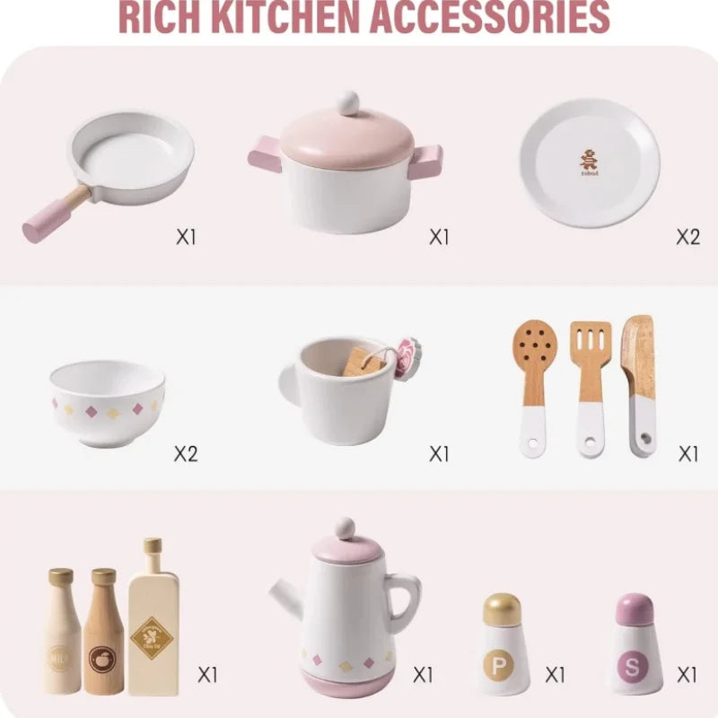 Robotime Robud Wooden Play Kitchen with Realistic Accessories Toy Kitchen Set with Play Features Toy Kitchen for Girls Boys