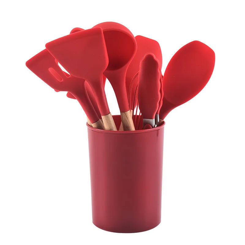 12-piece Set Wooden Handle Silicone Kitchen Utensils Silicone Kitchen Utensils Non-stick Pan Cooking Spatula Baking Storage Tool