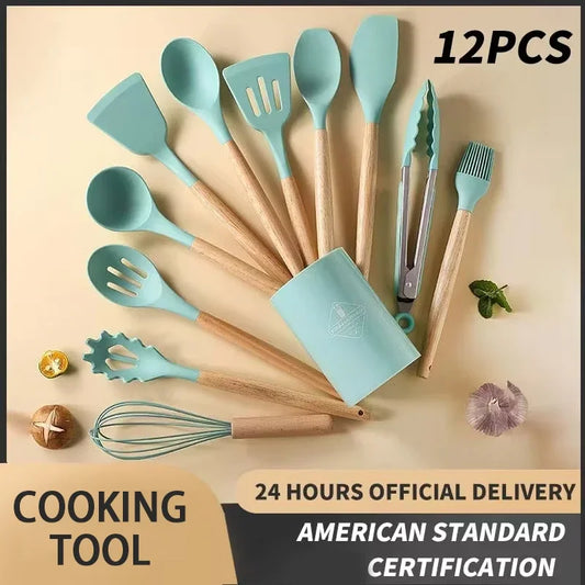 12-piece Set Wooden Handle Silicone Kitchen Utensils Silicone Kitchen Utensils Non-stick Pan Cooking Spatula Baking Storage Tool