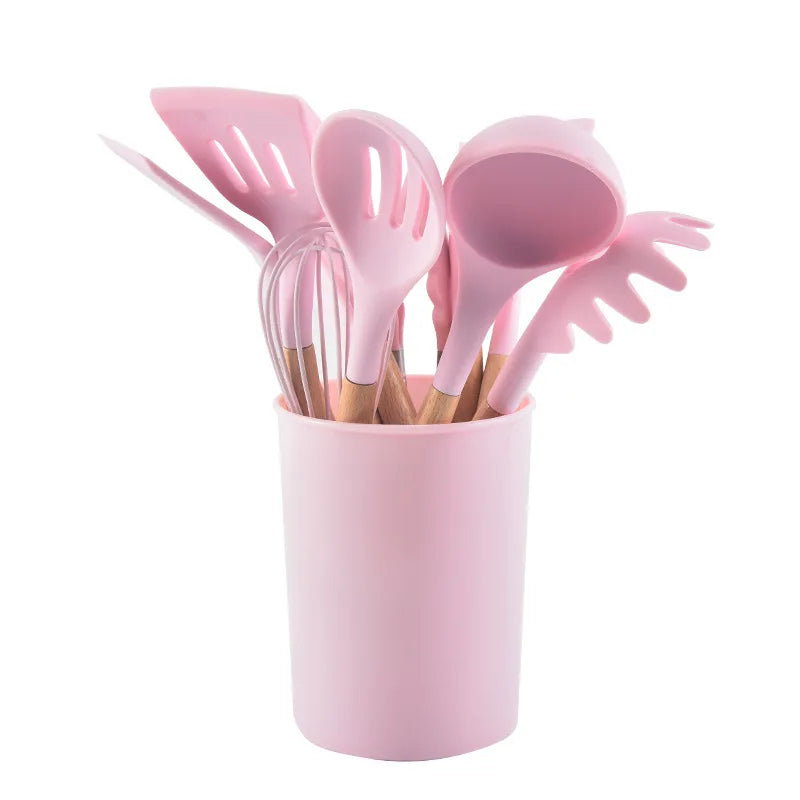 12-piece Set Wooden Handle Silicone Kitchen Utensils Silicone Kitchen Utensils Non-stick Pan Cooking Spatula Baking Storage Tool