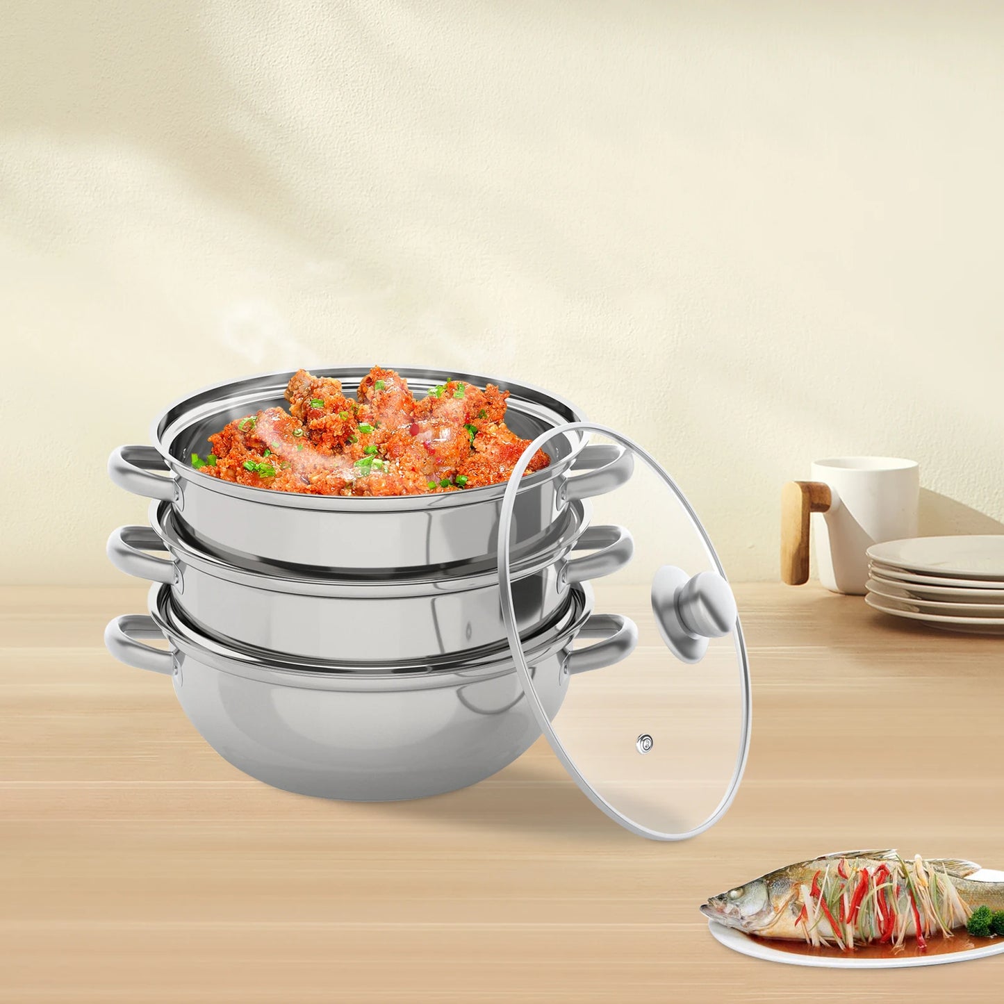 3 Tier Stainless Steel Steamer Hot Pot Cooker Steam Pot Food Cooking + Glass Lid